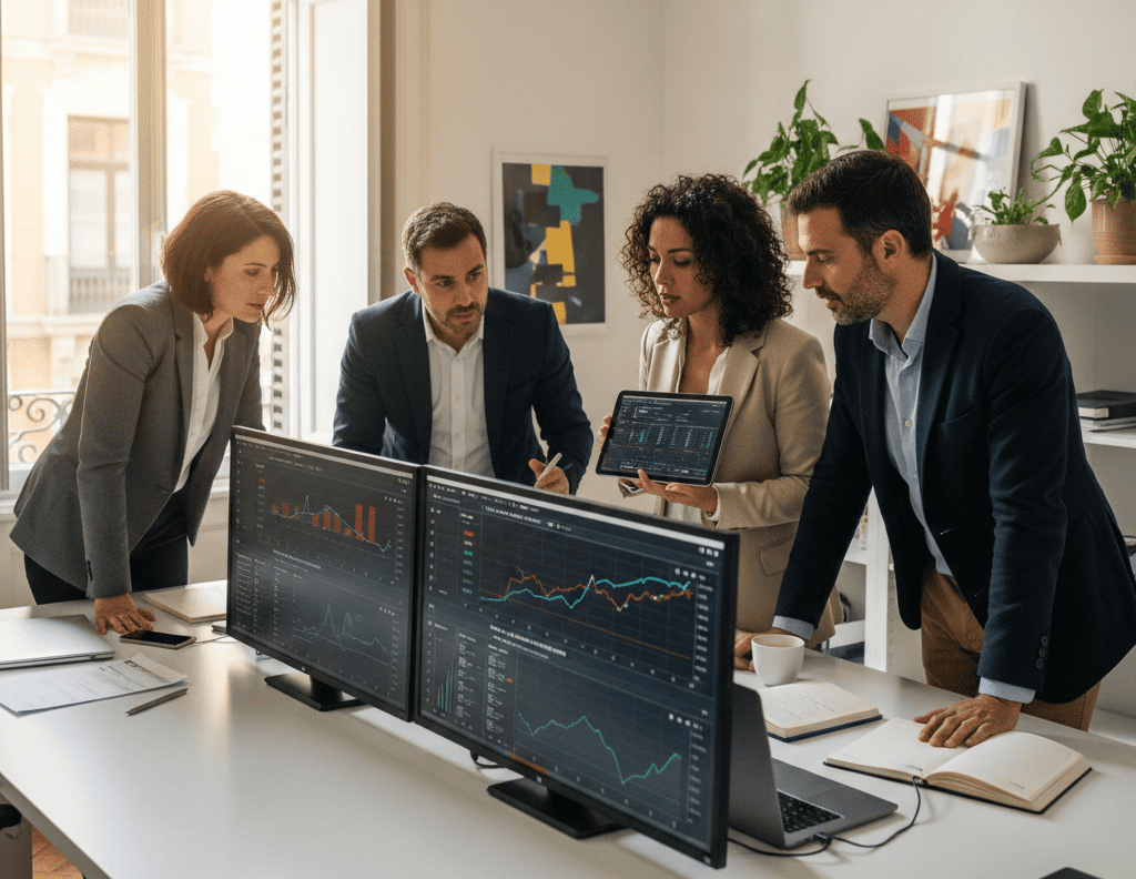 Equipo de profesionales financieros analizando gráficos de flujo de caja y métricas de tesorería en pantallas modernas en una oficina luminosa y profesional