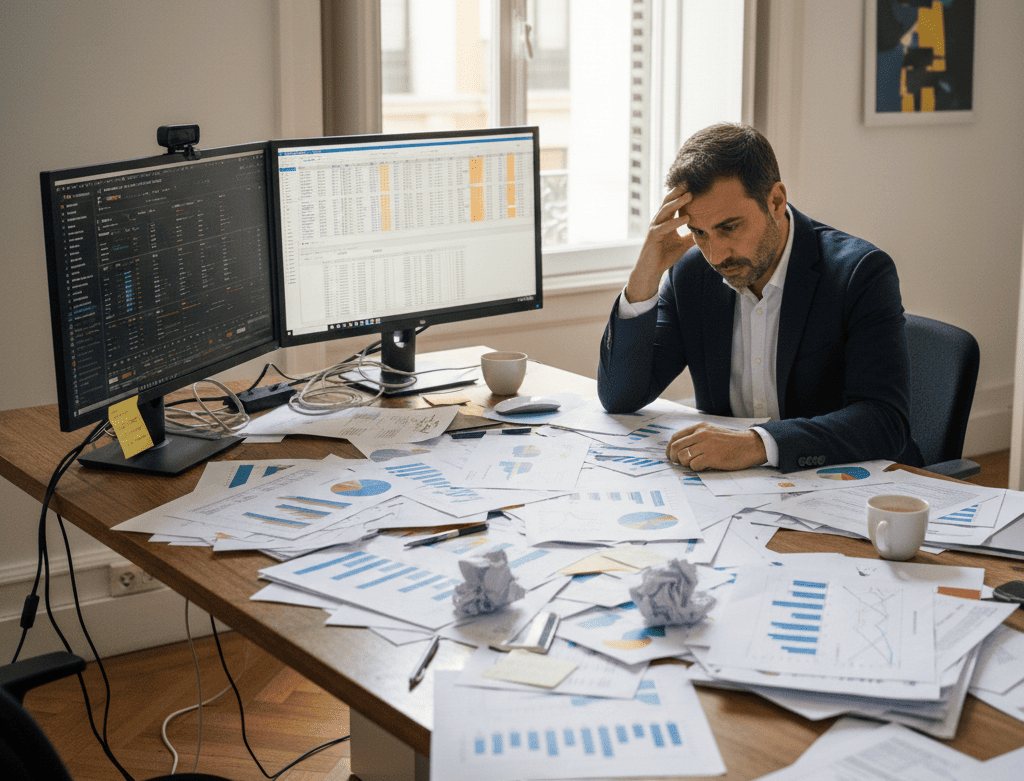 Director financiero preocupado mirando múltiples informes financieros desordenados y hojas de cálculo complejas en su escritorio, representando la confusión en la gestión de tesorería