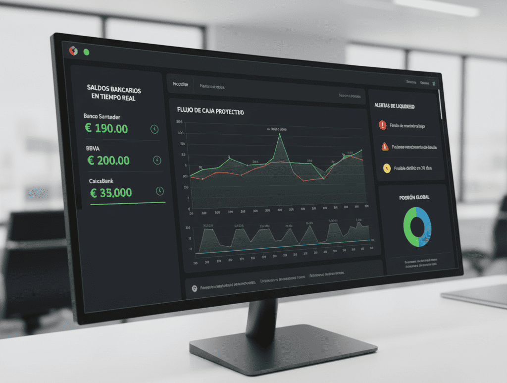 Panel de control de tesorería mostrando saldos bancarios en tiempo real, gráficos de flujo de efectivo proyectado y alertas de liquidez en una interfaz profesional